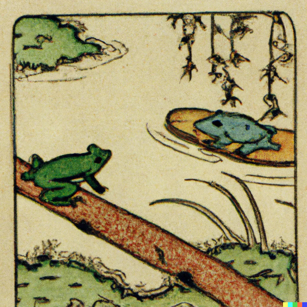 DALL-E 2 artwork for Frog 34, using the translation by Harold G. Henderson. According to one folktale, there lived two frogs: one was a cultured frog from Kyoto; and the other was a rich frog from Osaka.