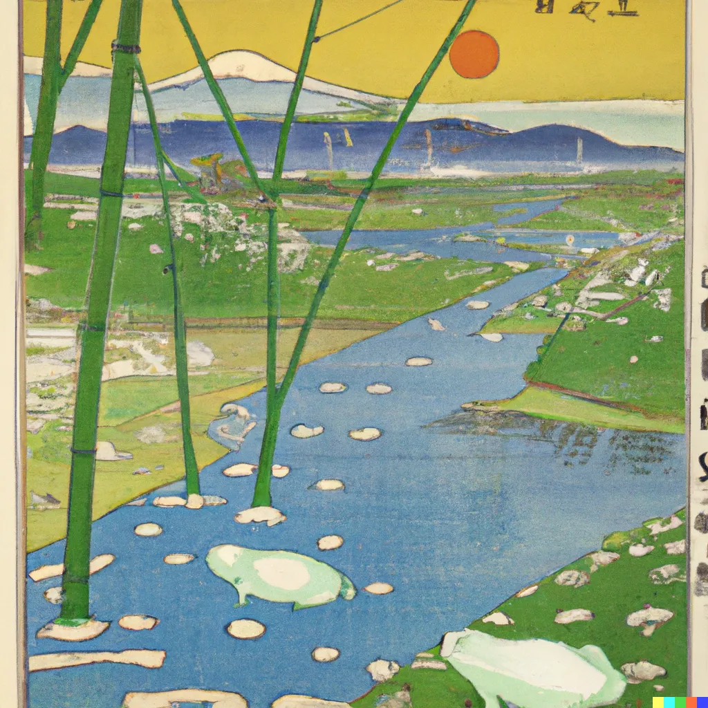 DALL-E 2 artwork for Frog 35, using the translation by Harold G. Henderson. The snaking river and the mountain in the distance gives this image a sense of perspective.
