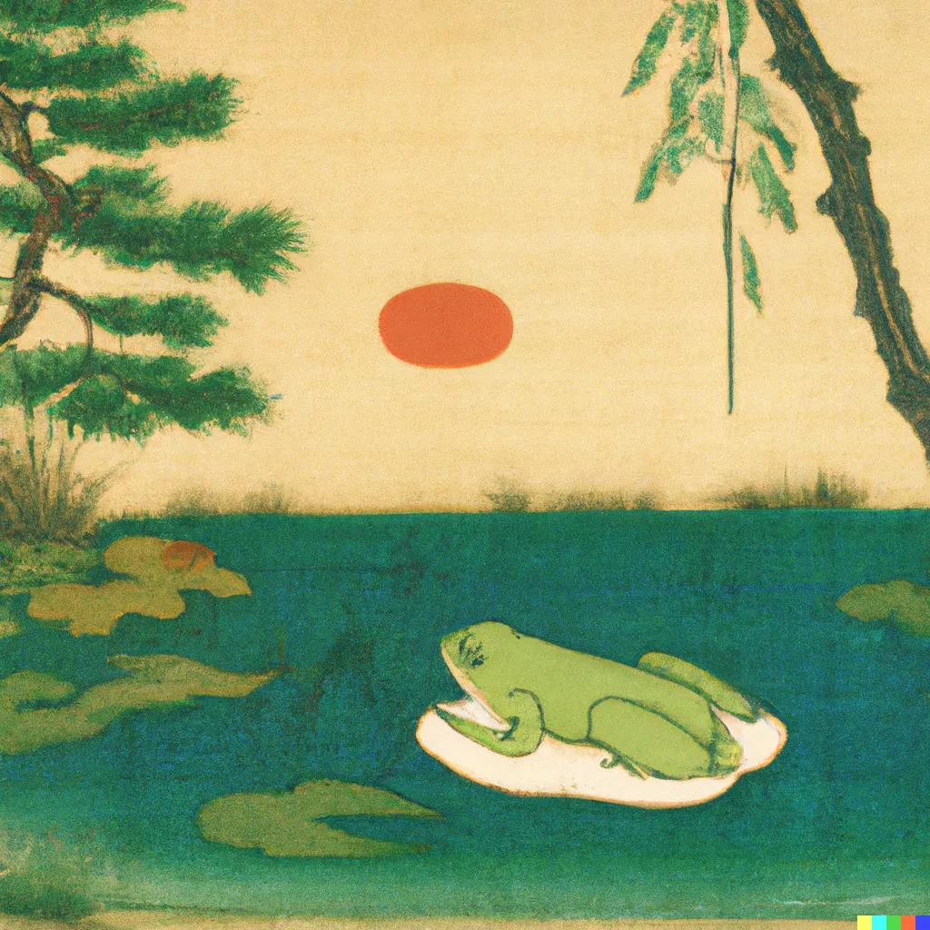 DALL-E 2 artwork for Frog 36, using the translation by The Japan Society for the Promotion of Science. An orange sun sets between the trees like a ripe persimmon, with a frog watching lazily.