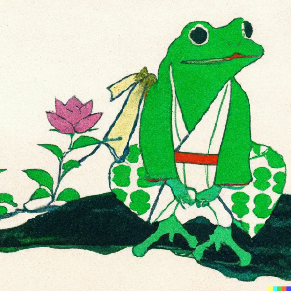 DALL-E 2 artwork for Frog 37, using the translation by Hiroshi Takamine. This translation proved to be quite volatile, and produced unpredictable output with a lot of variety.