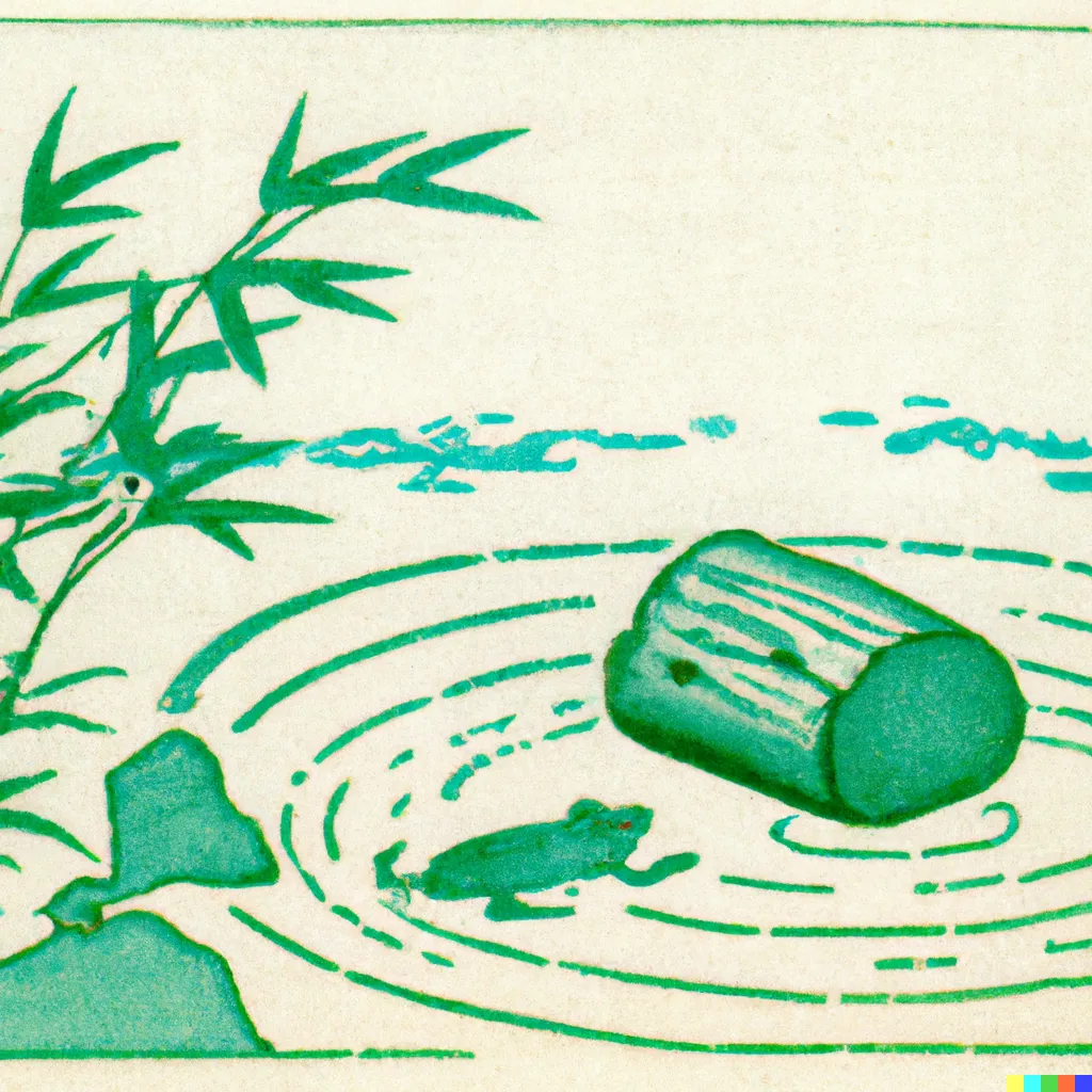 DALL-E 2 artwork for Frog 38, using the translation by Anonymous. A mousey little frog paddles toward a log in this plain looking monochrome print.