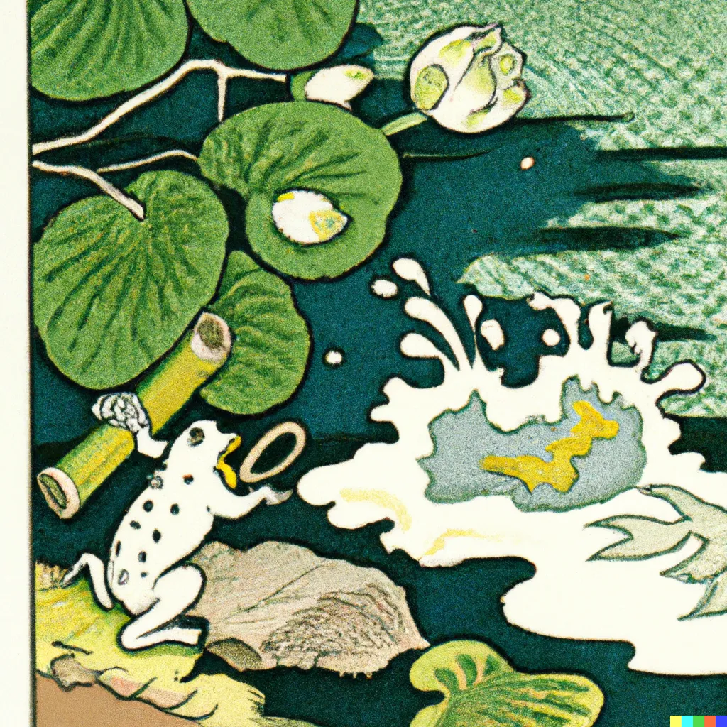 DALL-E 2 artwork for Frog 39, using the translation by Cid Corman. A tragic scene: a bird's egg falls to the ground, its contents splashing everywhere.