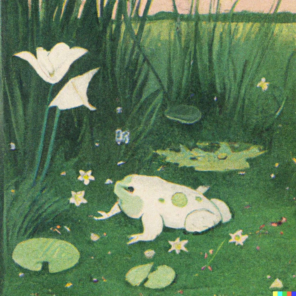 DALL-E 2 artwork for Frog 41, using the translation by Harold Stewart. The image is almost entirely made up of greens.