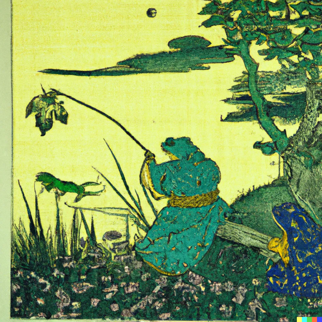 DALL-E 2 artwork for Frog 42, using the translation by Shunkichi Akimoto. This frog is a standard-bearer.