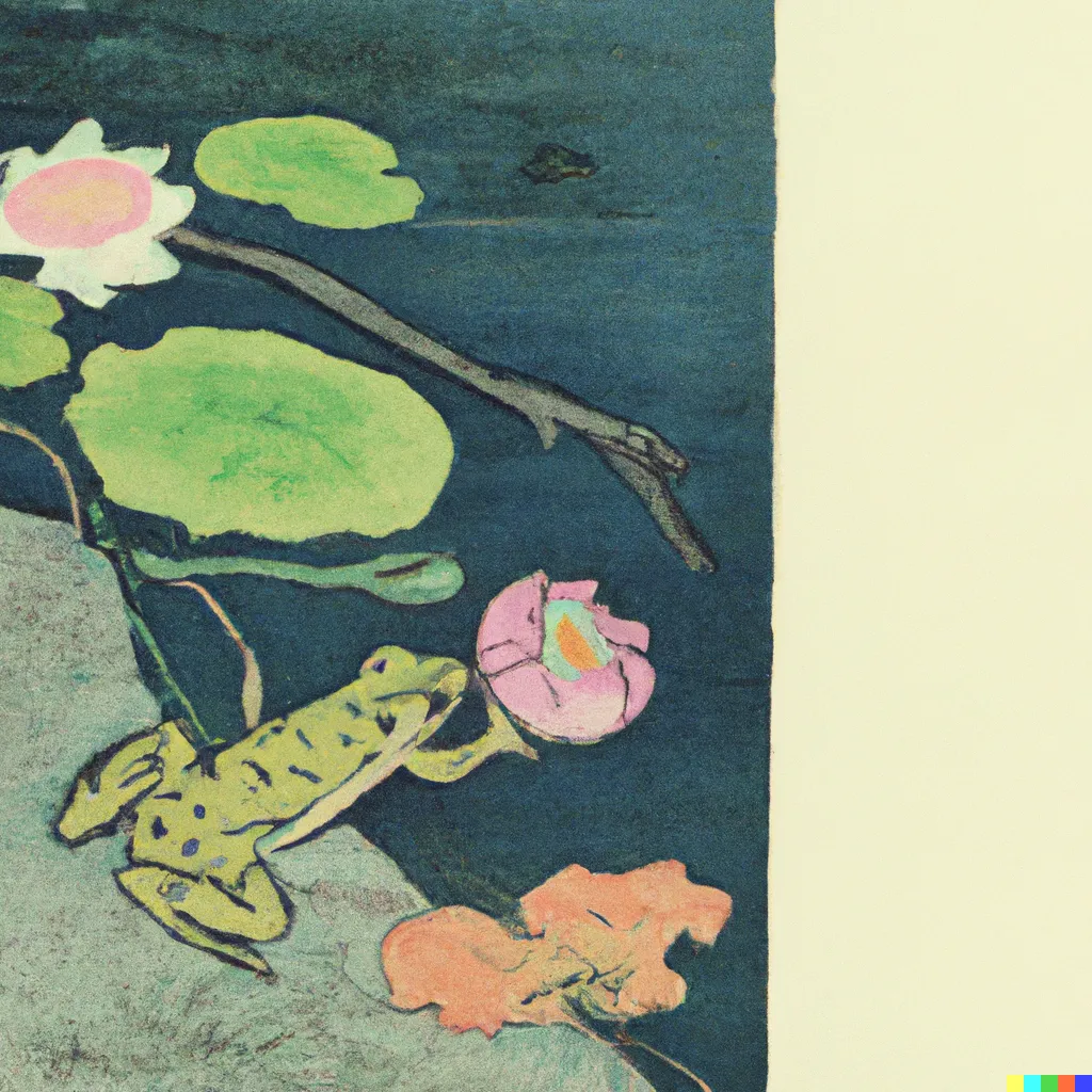 DALL-E 2 artwork for Frog 44, using the translation by Edward G. Seidensticker. What appears to be a Kinugasa flying frog pushes a half-bloomed lotus flower down the stream.