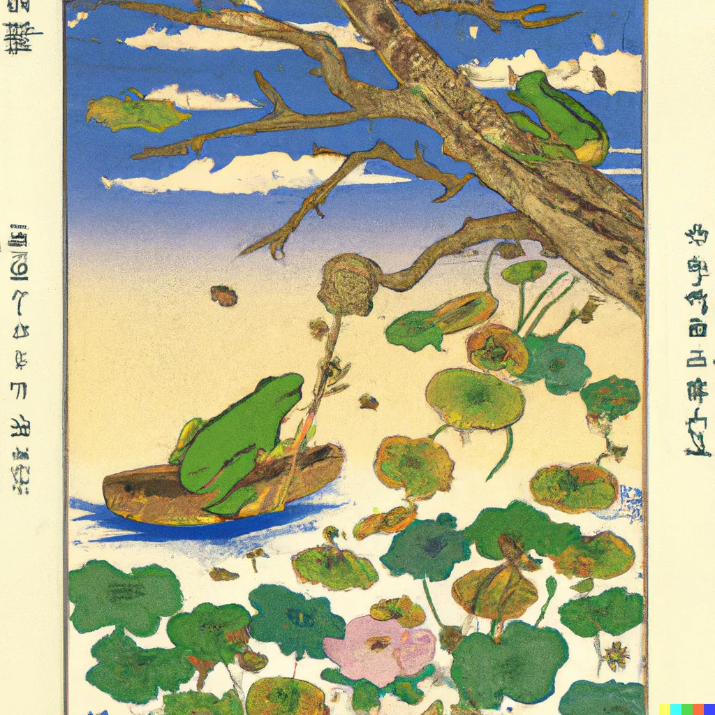 DALL-E 2 artwork for Frog 45, using the translation by Dion O'Donnol. While the modernistic translation makes use of rotated text to emulate the motion of a jumping frog with its final line, I had to settle for the extensively hyphenated chunk of text without the rotation when I inputted it into DALL-E.