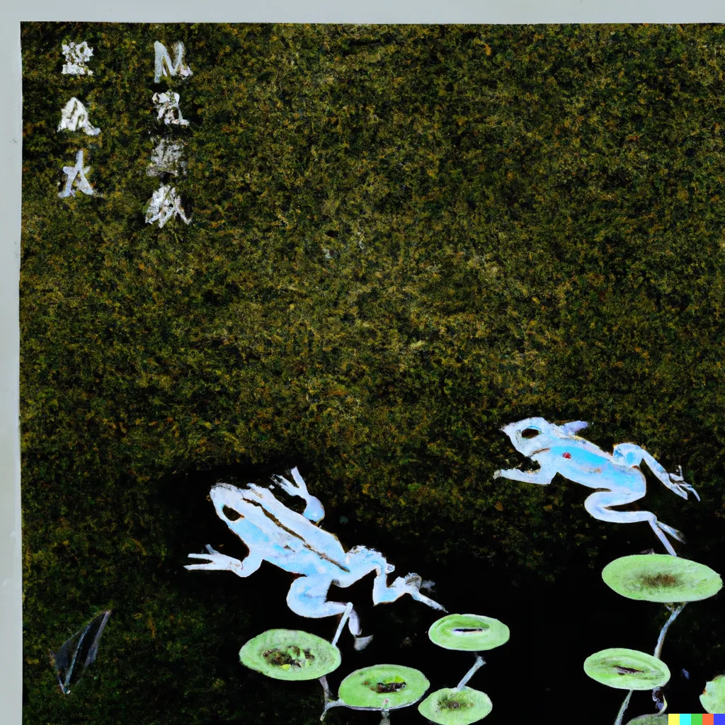 DALL-E 2 artwork for Frog 46, using the translation by Harry Behn. The word "silent" seems to introduce instability to the output, resulting in a lowered quality of artworks produced.