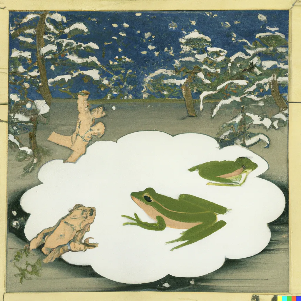 DALL-E 2 artwork for Frog 47, using the translation by Geoffrey Bownas and Anthony Thwaite. Winter is rare in the output produced by the Frog Haiku.