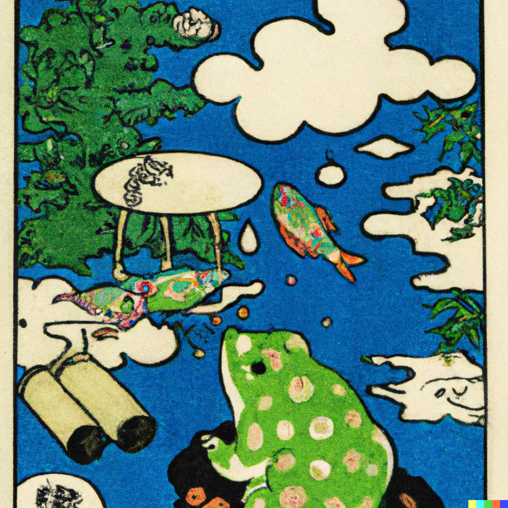 DALL-E 2 artwork for Frog 48, using the translation by Masaru V. Otake. A plump, spotted frog looks up at a sky full of expensive objects.