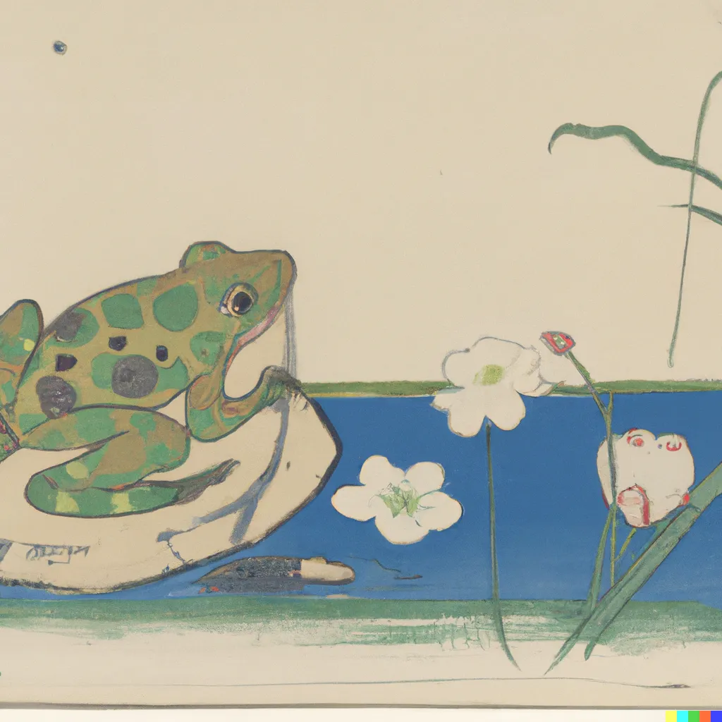 DALL-E 2 artwork for Frog 49, using the translation by Nobuyuki Yuasa. This frog appears to be looking directly at the viewer, its cheeky expression and glinting eye suggesting that it will enjoy breaking the silence of the ancient pond.