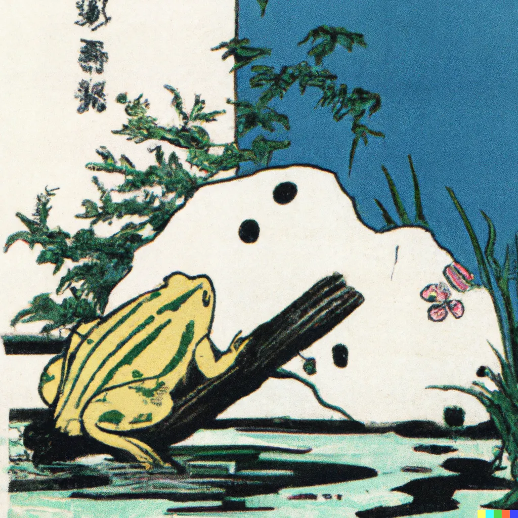 DALL-E 2 artwork for Frog 50, using the translation by Scott Alexander. The arrangement of the porous rock and the manicured branches suggest that this is a carefully maintained garden pond.
