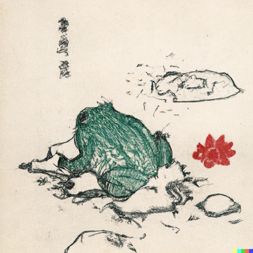 DALL-E 2 artwork for Frog 51, using the translation by Sylvia Cassedy and Kunihiro Suetake. The translation did not result in many notable artworks, and some of the resulting frogs were rather unsightly.