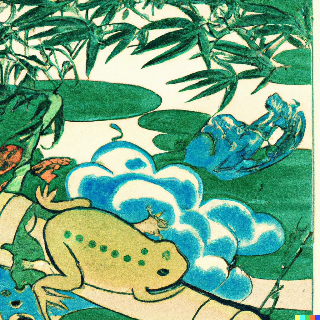 DALL-E 2 artwork for Frog 52, using the translation by Sylvia Cassedy and Kunihiro Suetake. A flute-patterned frog hops onto a flute-shaped bamboo tree.