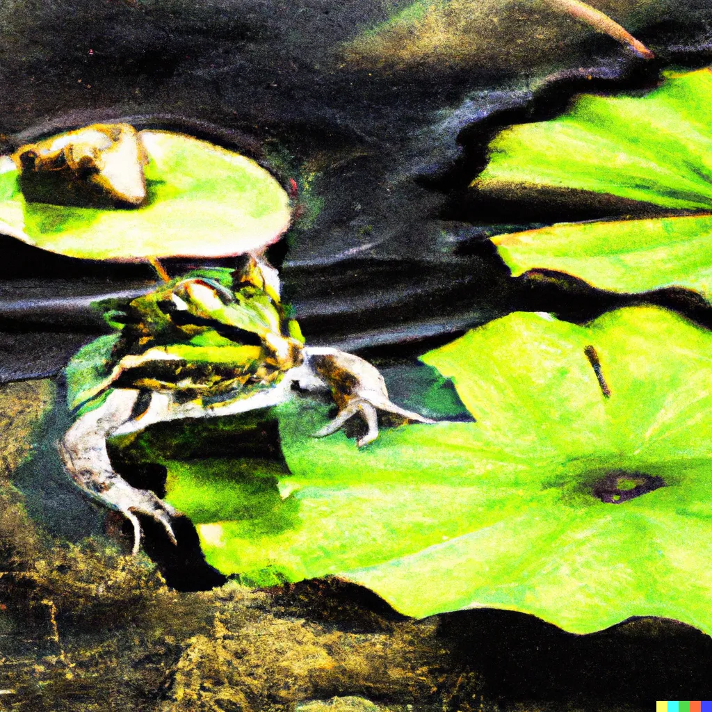 DALL-E 2 artwork for Frog 53, using the translation by Dion O'Donnol. This translation, featuring both the words "silent" and "ancient", predictably resulted in an unstable array of output which left much to be desired in the way of artistic interest.