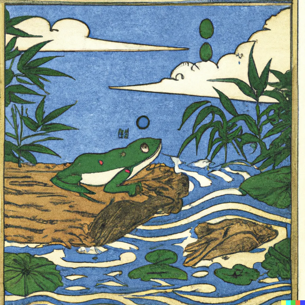 DALL-E 2 artwork for Frog 54, using the translation by Anonymous. This frog is looking up at the sky with a pleading expression.