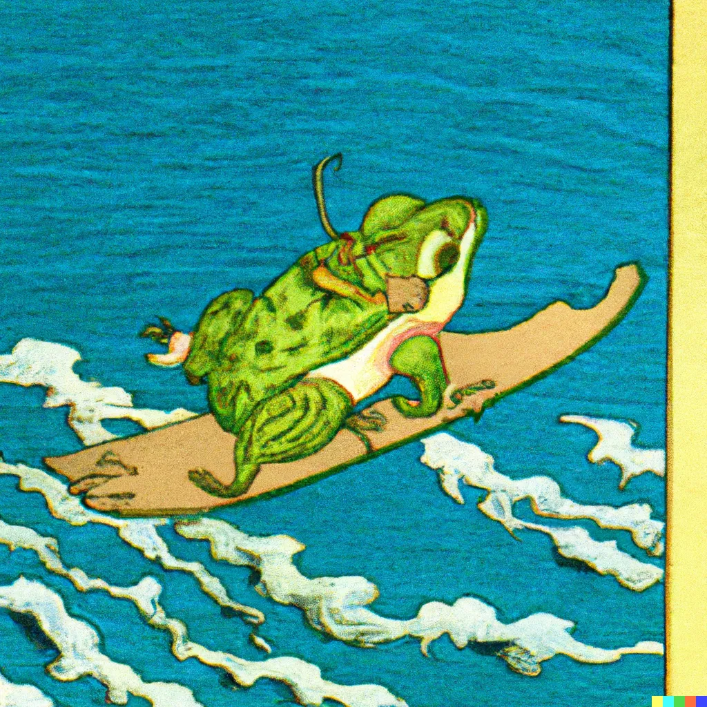 DALL-E 2 artwork for Frog 55, using the translation by Edward Bond. Curiously, this translation produced numerous frogs riding on various long and flat objects such as carpets, boards, rocks, leaves, and kites.