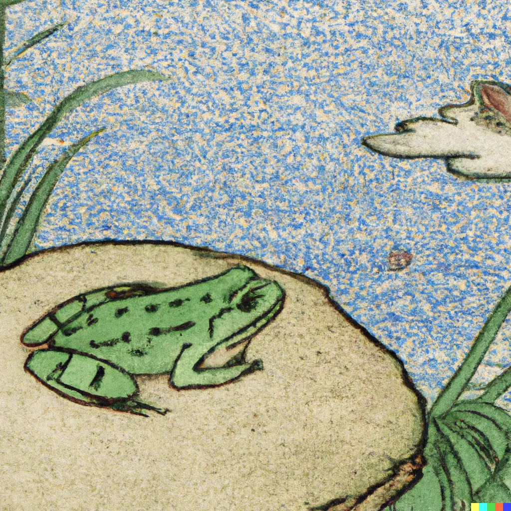 DALL-E 2 artwork for Frog 56, using the translation by Cana Maeda. A pensive frog is deep in thought, resting its chin on an arm and its eyes looking to the bottom right.