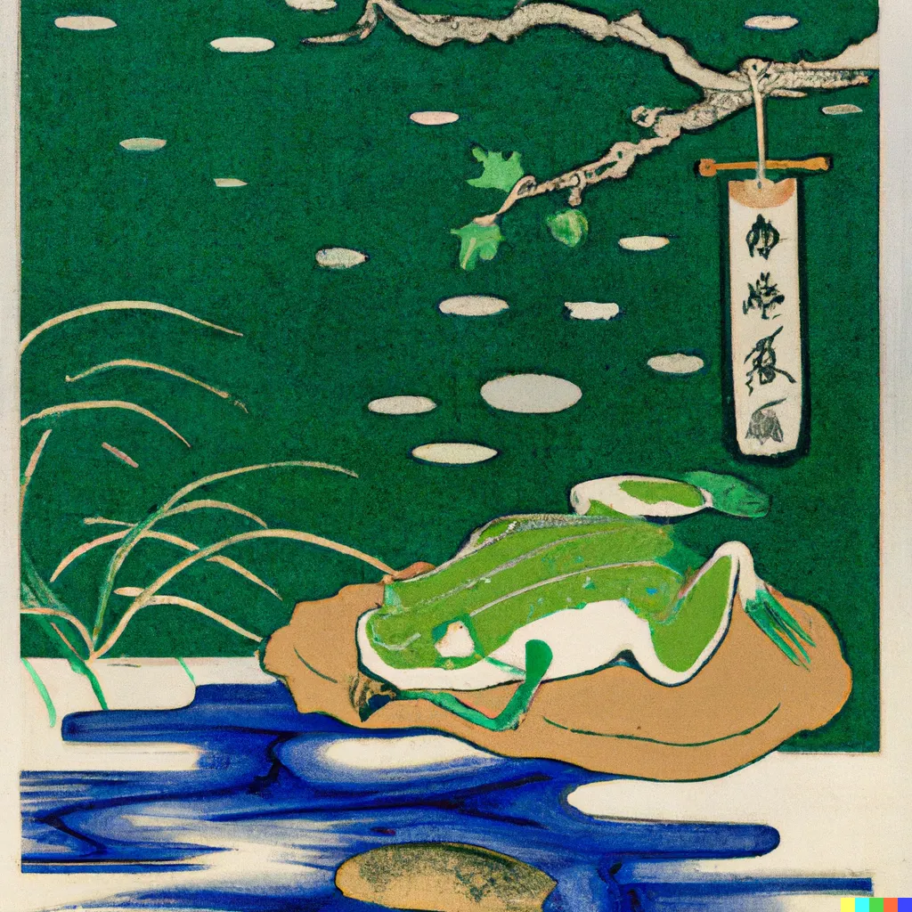 DALL-E 2 artwork for Frog 57, using the translation by G. S. Fraser. A frog clasps its hands together as it readies for a skillful dive.