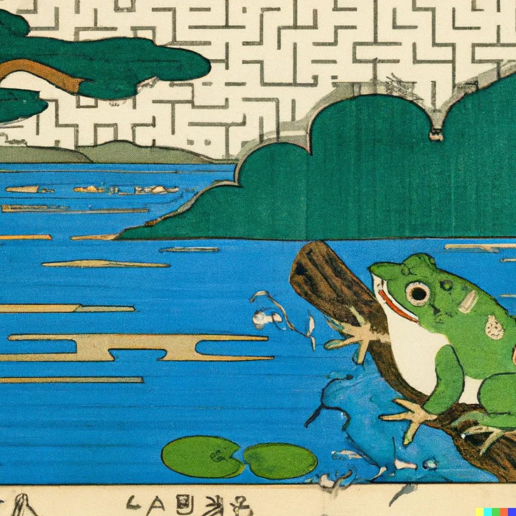 DALL-E 2 artwork for Frog 58, using the translation by G. S. Fraser. A labyrinth stretches across the background of this otherwise simplistic scenery.