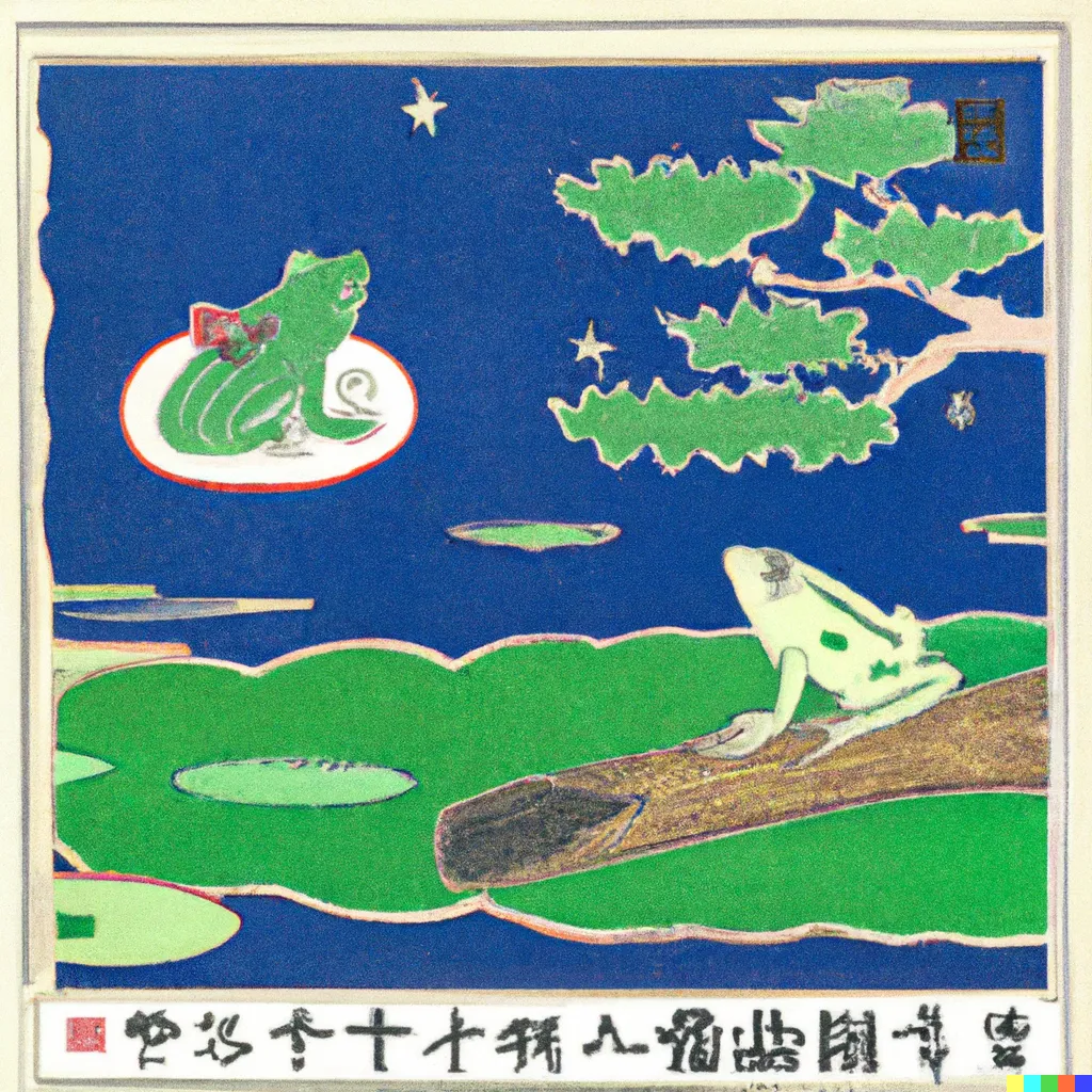DALL-E 2 artwork for Frog 59, using the translation by G. S. Fraser. A lonesome frog looks up at the moon and sees its beloved.
