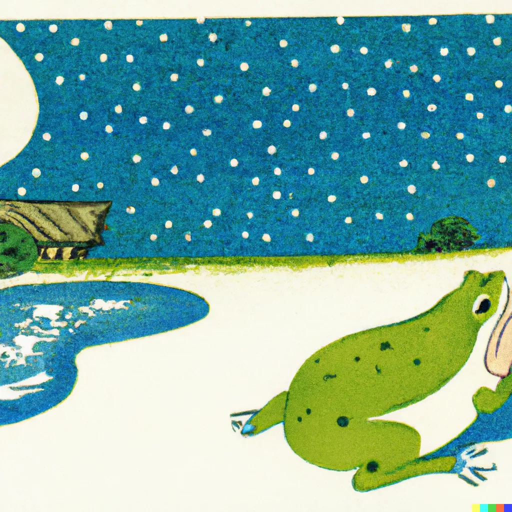 DALL-E 2 artwork for Frog 60, using the translation by Armando Martins Janeira. Here is another winter scene, complete with falling snow and a chubby frog scurrying along to get away from the freezing cold.