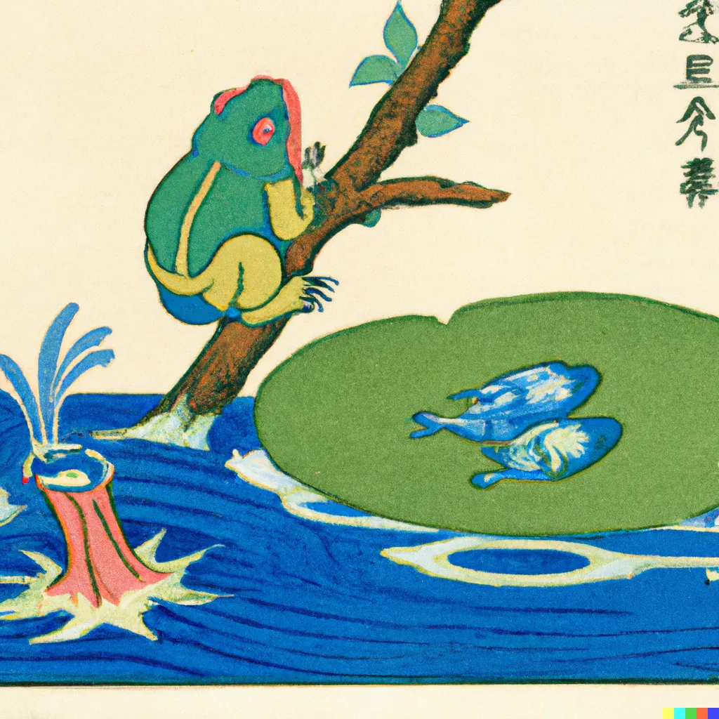 DALL-E 2 artwork for Frog 61, using the translation by Makoto Ueda. An affluent merchant frog waits for its customers with some choice products laid out on the storefront.