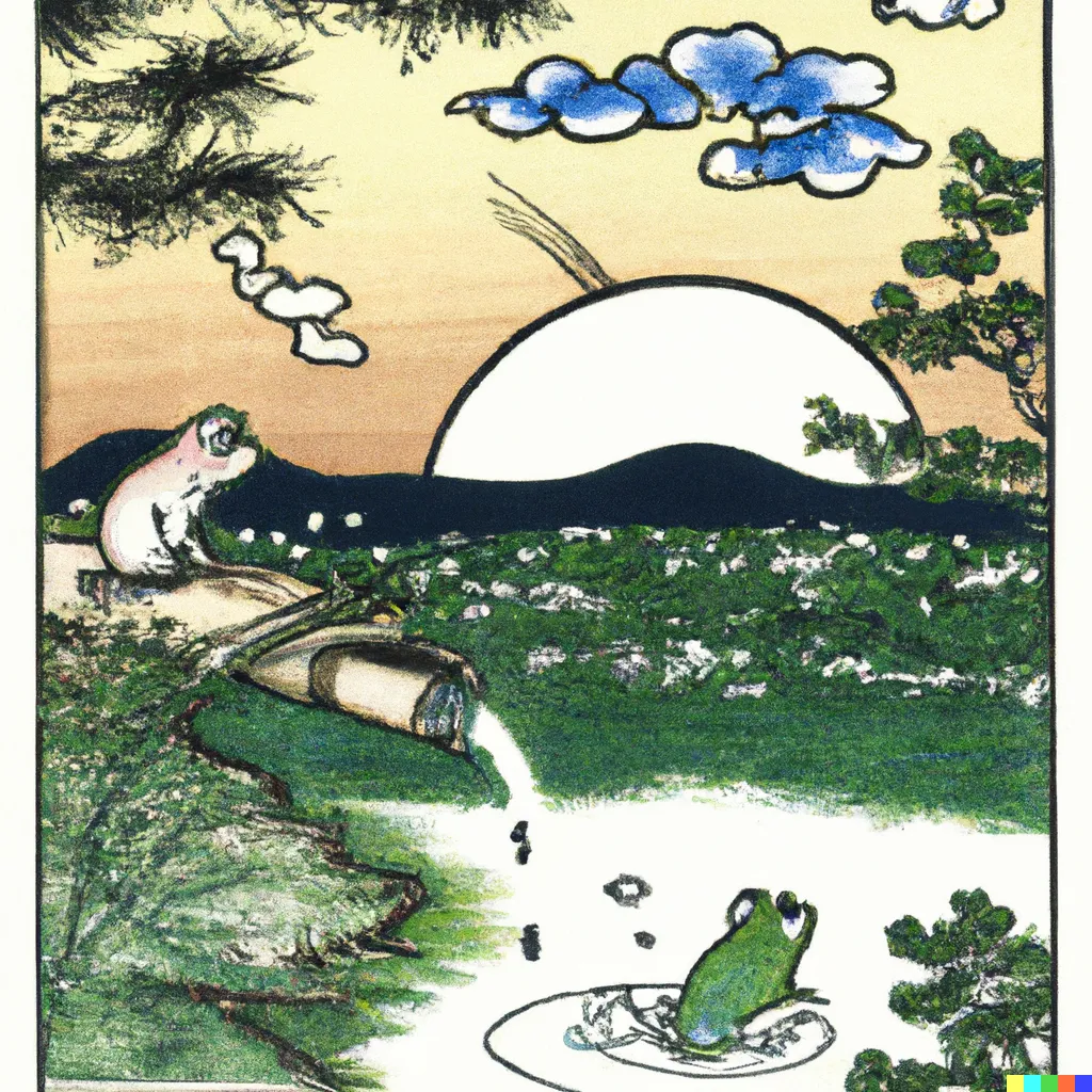 DALL-E 2 artwork for Frog 62, using the translation by William J. Higginson. This dainty little friend looks familiar.