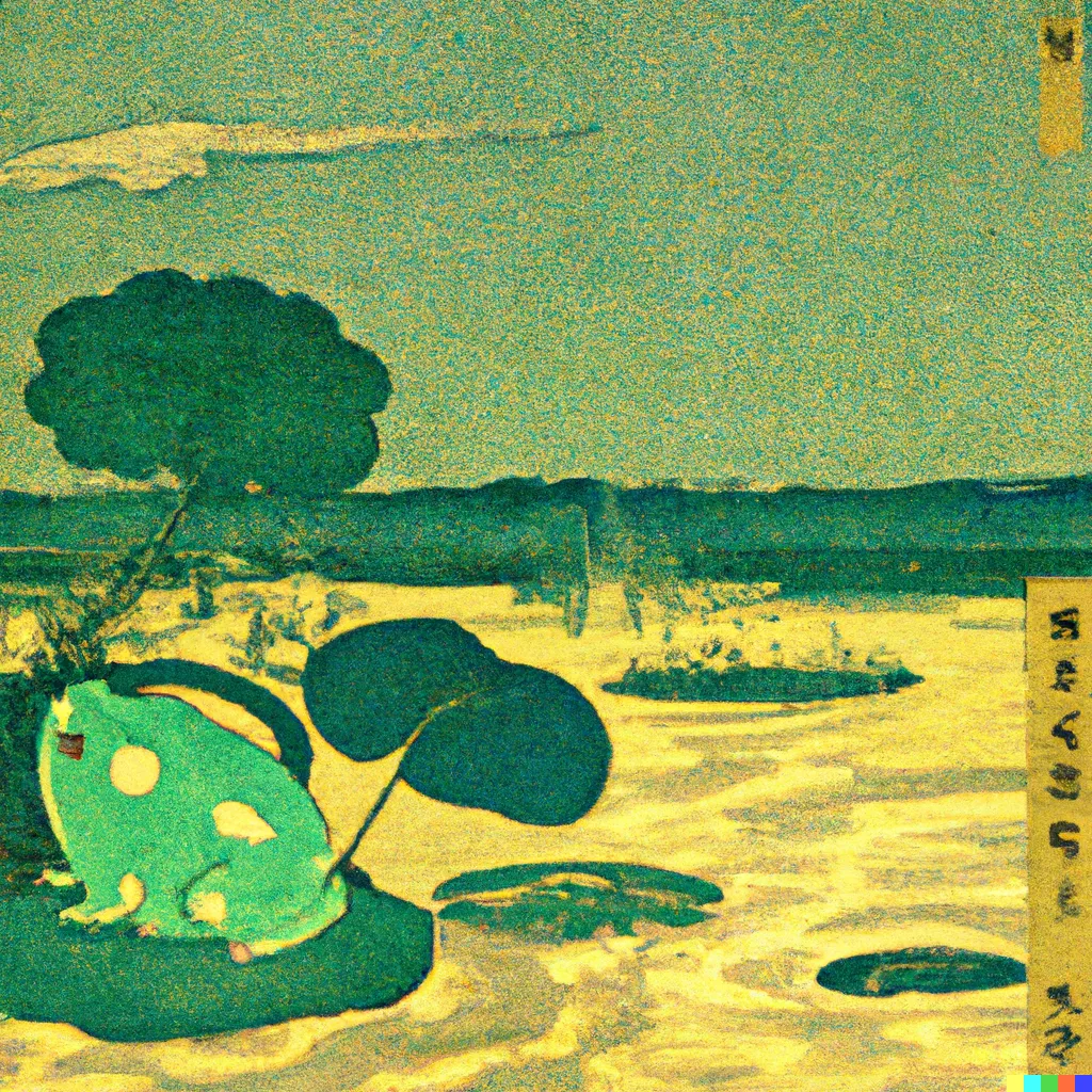 DALL-E 2 artwork for Frog 63, using the translation by Robert H. Brower. This plump, pistachio coloured frog covered with white dots is yet another recurring character.