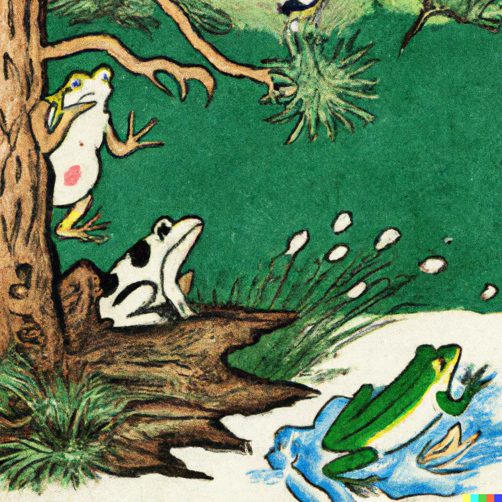 DALL-E 2 artwork for Frog 65, using the translation by Kenjun Ikeda. Three frogs consider the pond with varying degrees of enthusiasm.