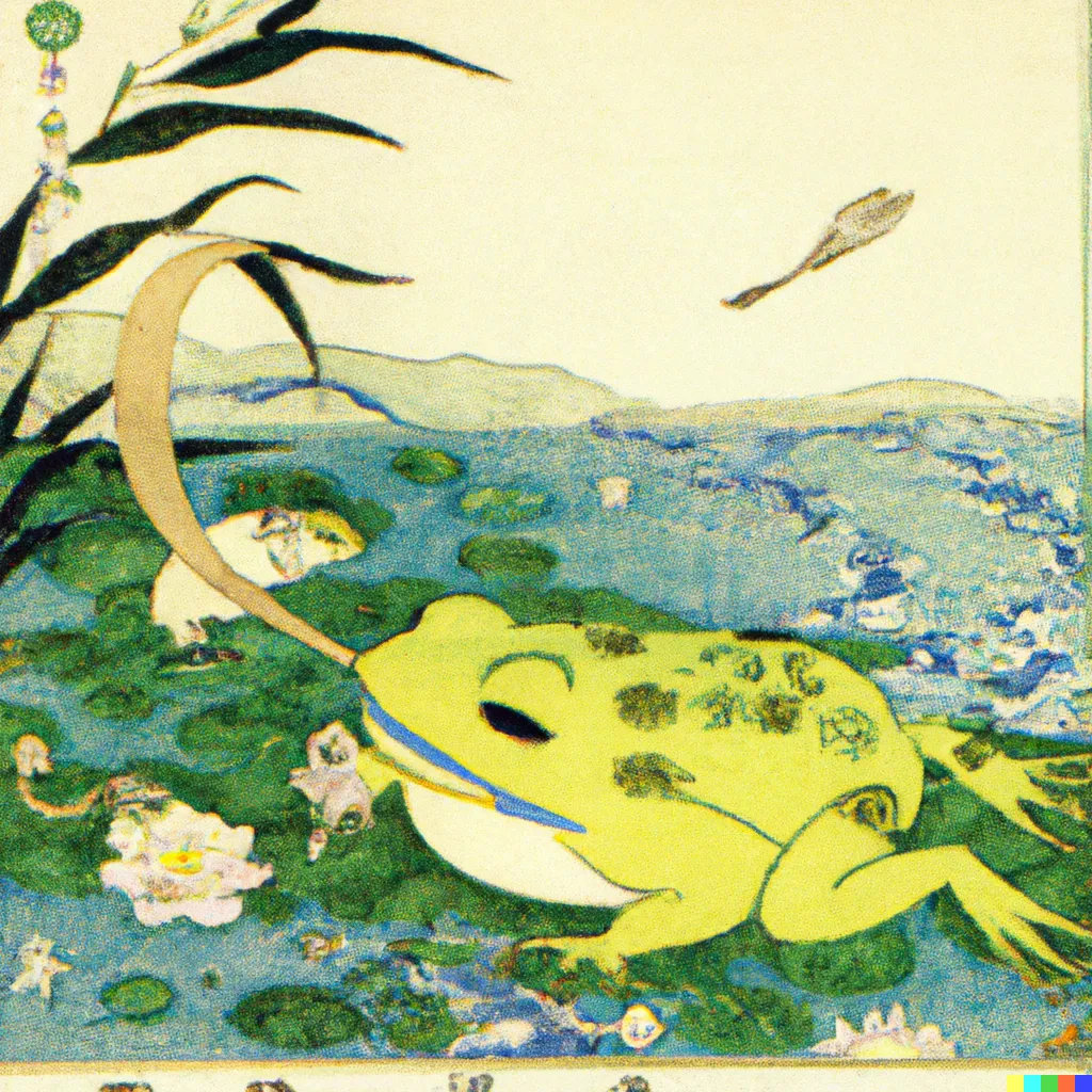 DALL-E 2 artwork for Frog 66, using the translation by Daniel C. Buchanan. The exaggerated dynamism of the frog as its tongue whips out in an arc makes it almost look like the scene was captured with a fisheye lens.