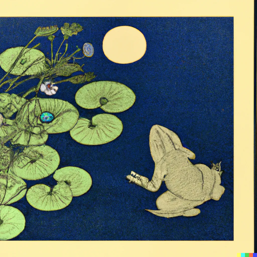DALL-E 2 artwork for Frog 67, using the translation by Dorothy Britton. A full moon shines in a cloudless night sky as a frog of the same colour admires it.