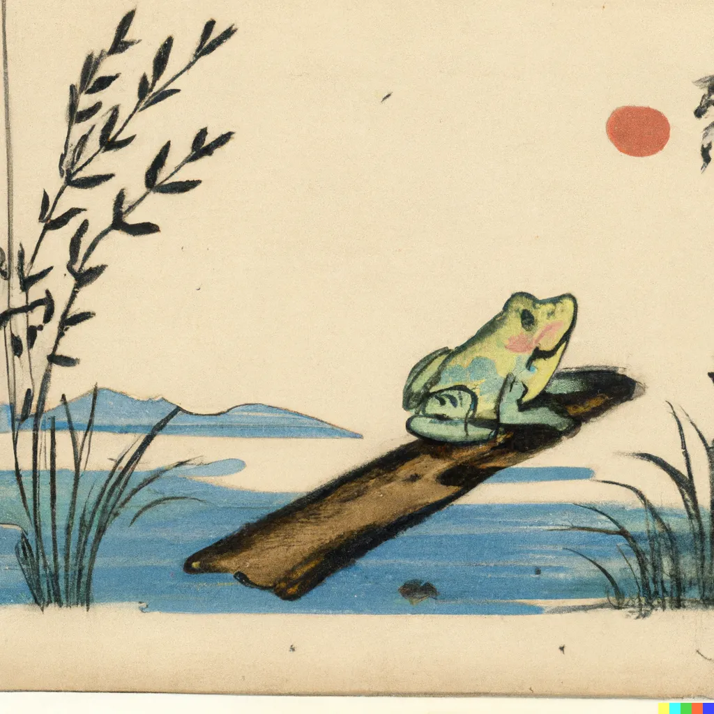 DALL-E 2 artwork for Frog 69, using the translation by Alfred H. Marks. See the joyous expression on this frog's face as it admires the autumnal sunset.