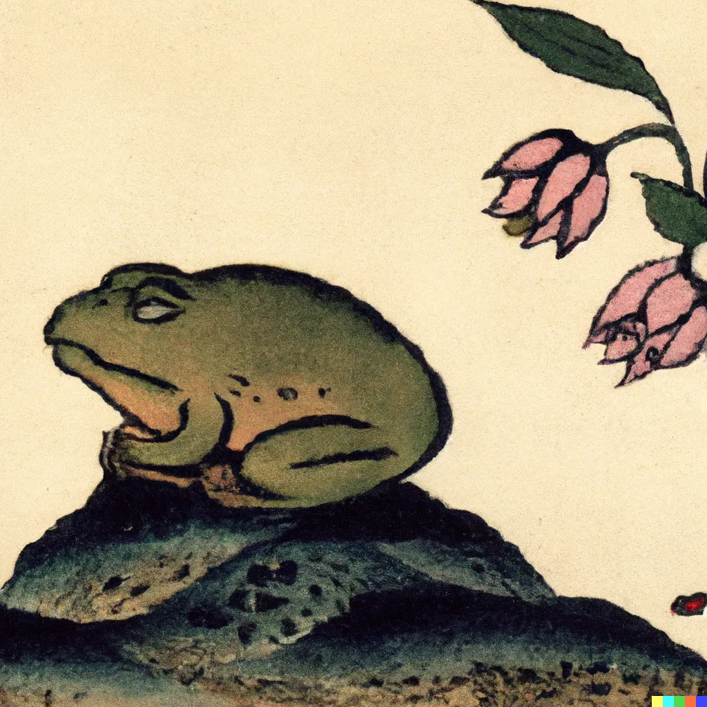 DALL-E 2 artwork for Frog 70, using the translation by Alfred H. Marks. This image depicts a stolid creature that resembles a toad more than it does a frog.