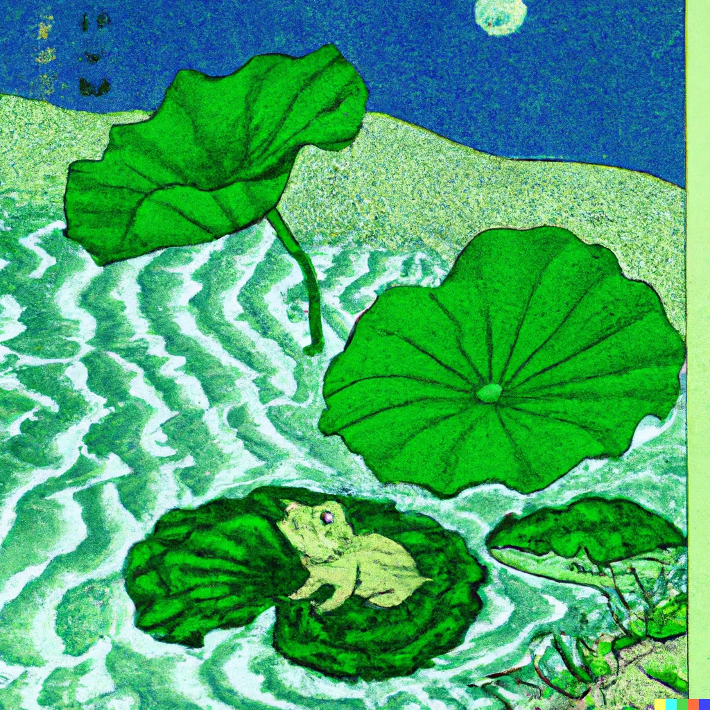 DALL-E 2 artwork for Frog 71, using the translation by Robert Aitken. An adorable little frog sits on a butterbur leaf.