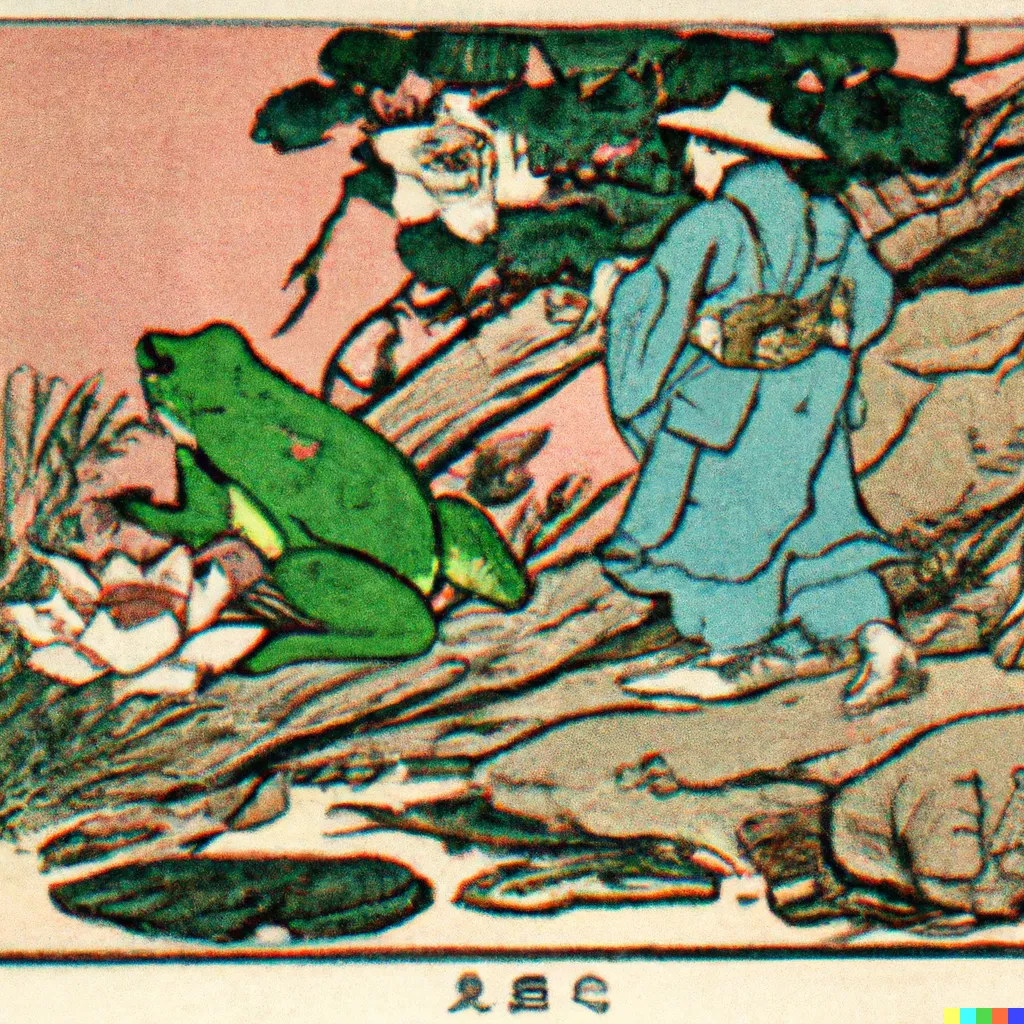 DALL-E 2 artwork for Frog 72, using the translation by Robert Aitken. A travelling scholar on his way to Hanyang (한양, the capital of medieval Korea) for a bureaucratic examination has come across an enormous frog.
