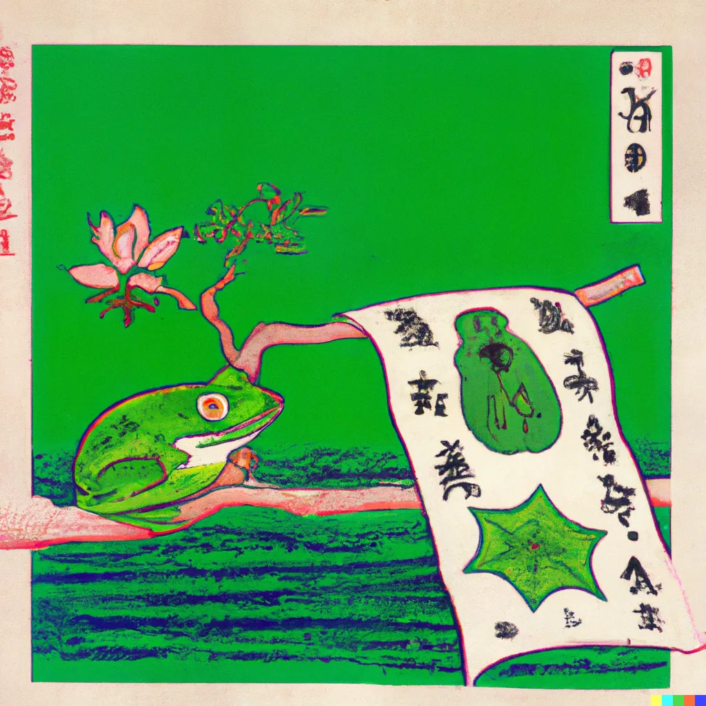DALL-E 2 artwork for Frog 73, using the translation by Robert Aitken. The thought-terminating cliche about dissecting frogs and explaining jokes belies the fact that the greatest masters of every craft, not the least comics and satirists, study and explain to one another their favourite works.