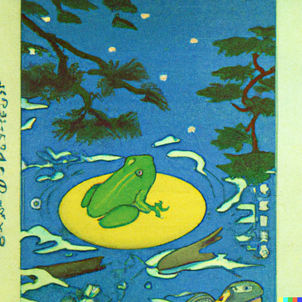 DALL-E 2 artwork for Frog 74, using the translation by Felix-Marti Ibanez. The reflected moon envelopes a frog like a halo.