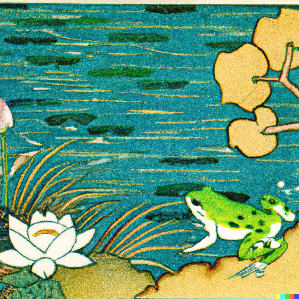 DALL-E 2 artwork for Frog 75, using the translation by Lucien Stryk and Takashi Ikemoto. A frog considers the long journey across the pond, marked by a trail of lily pads.