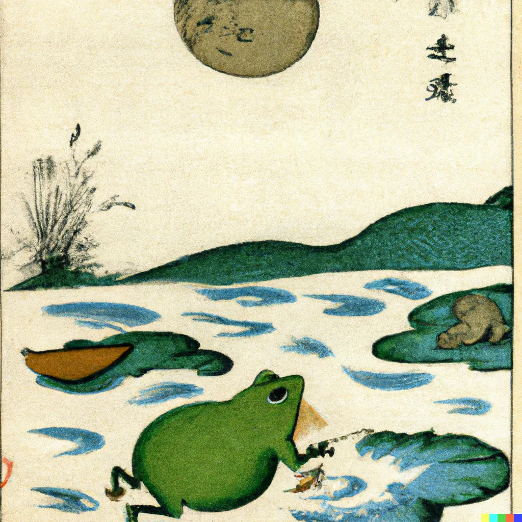DALL-E 2 artwork for Frog 76, using the translation by Robert Aitken. A humorous scene featuring Frug, a recurring character in this series.