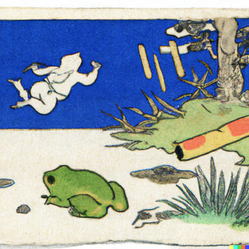 DALL-E 2 artwork for Frog 77, using the translation by Robert Aitken. This translation is labelled "word-for-word".