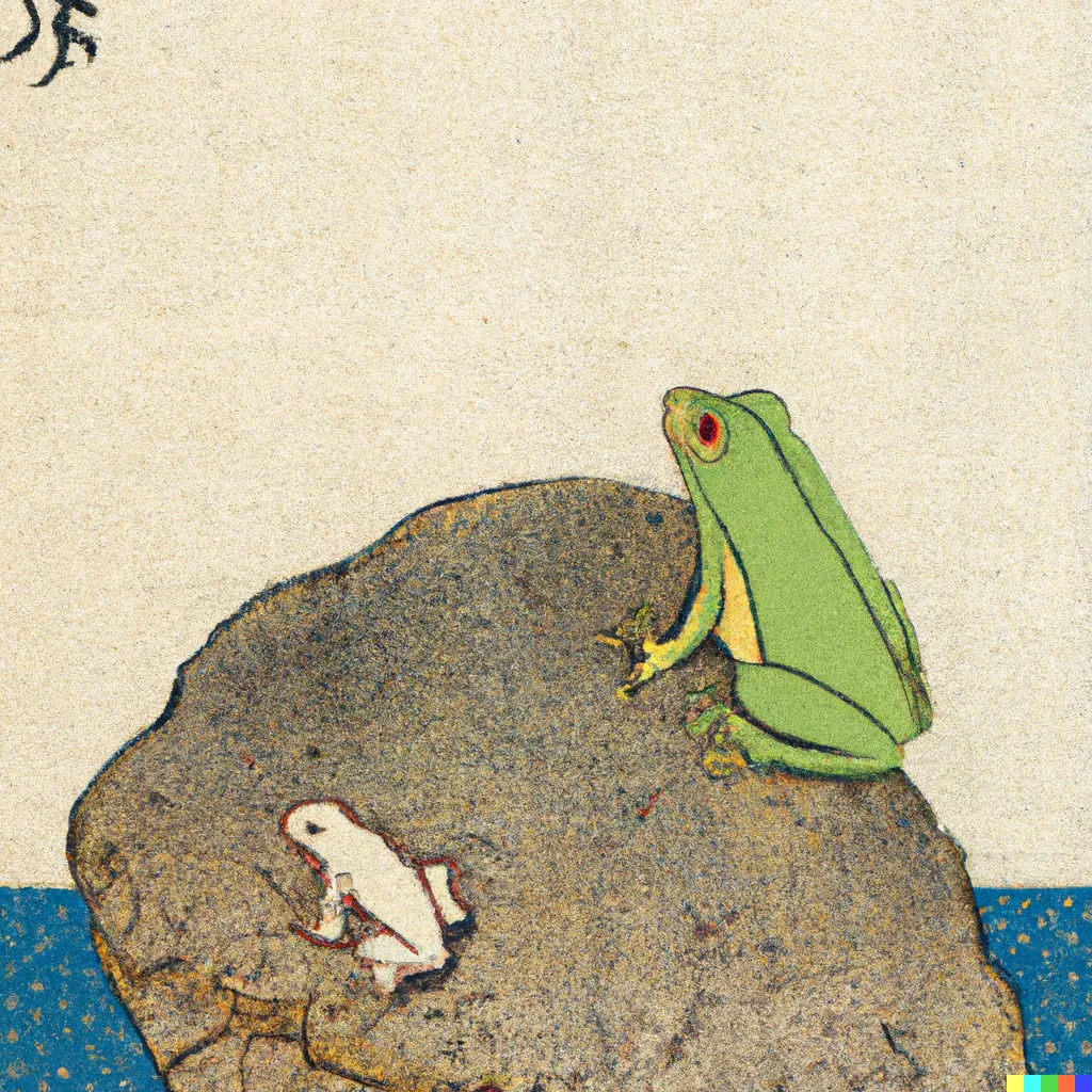 DALL-E 2 artwork for Frog 78, using the translation by Robert Aitken. The model seems to think that baby frogs are small, pale, and delicate versions of the green and sharp adult frogs.
