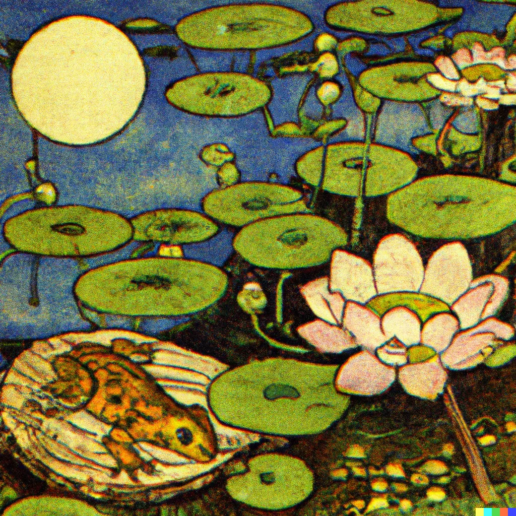 DALL-E 2 artwork for Frog 79, using the translation by Earl Miner. The lily pads continue beyond the bounds of the pond, sprawling into both the sky and the ground.