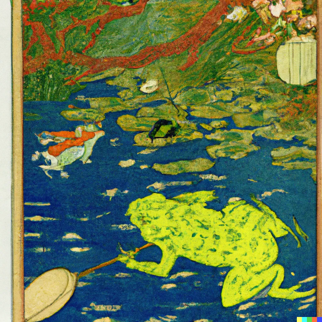 DALL-E 2 artwork for Frog 80, using the translation by Allen Ginsberg. A diving frog sneaks toward koi with a fishing net, its determined gaze fixed on the unwitting fish.