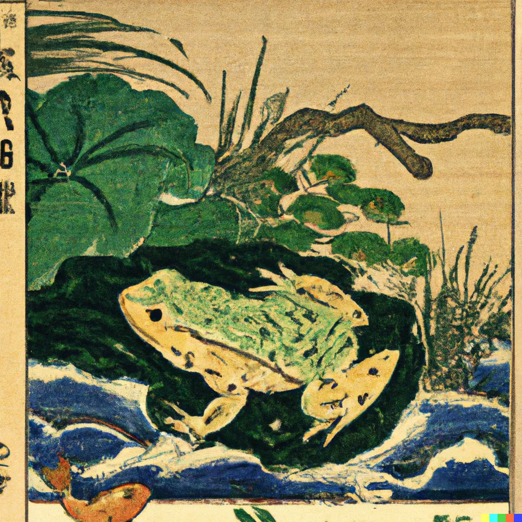 DALL-E 2 artwork for Frog 81, using the translation by Earl Miner and Hiroko Odagiri. While frogs are unusual in Buddhist art, fish are much more common.