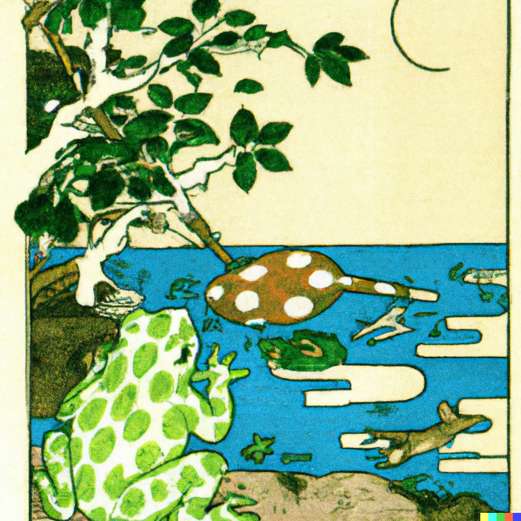DALL-E 2 artwork for Frog 82, using the translation by Yoko Danno. This was the only occurrence of a tadpole out of the approximately 2000 frogs which I generated throughout the research.