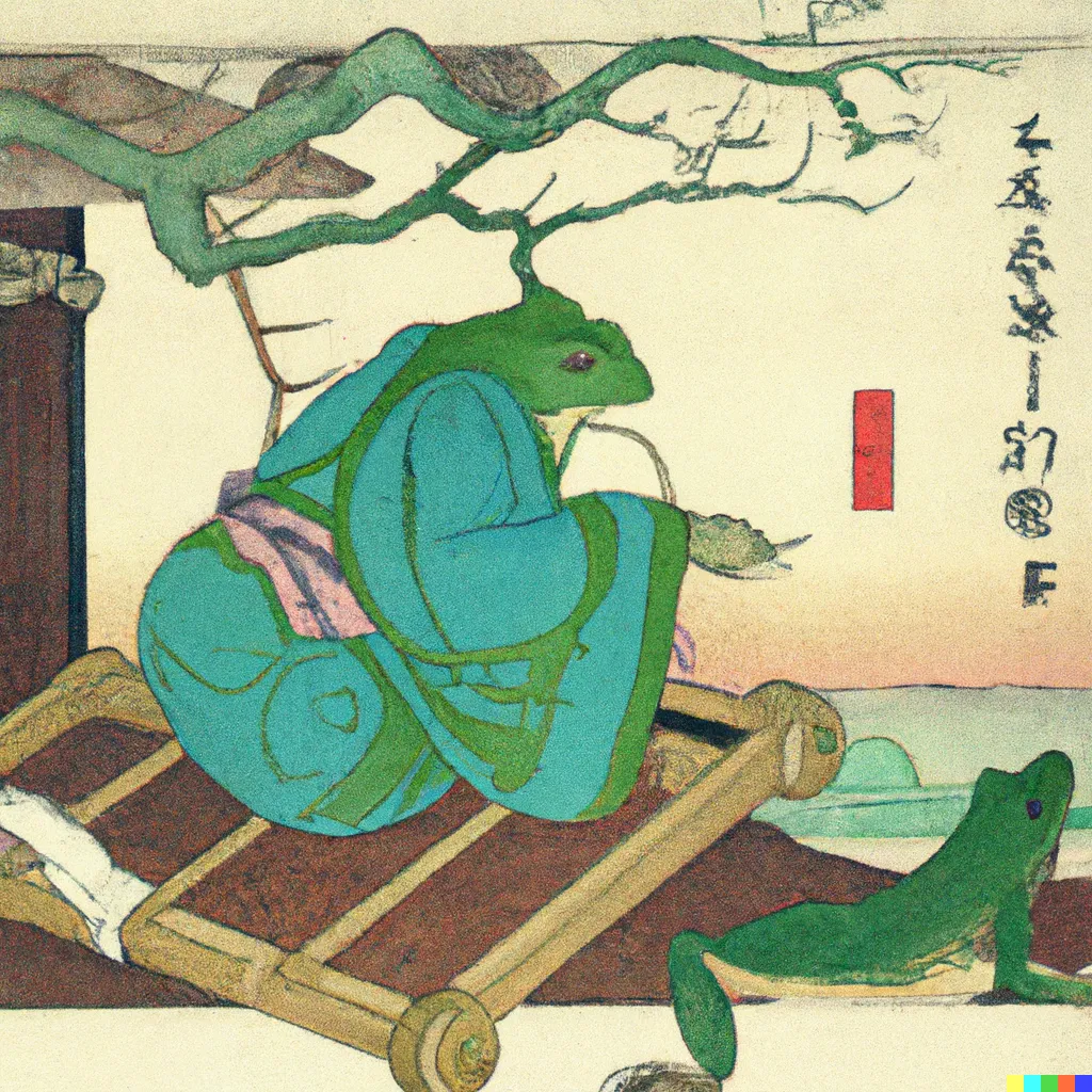 DALL-E 2 artwork for Frog 83, using the translation by Bill Deemer. A common motif in Buddhist legends is for an animal to skip the queue of rebirth through an act of exceptional piety, such as helping a monk reach enlightenment.