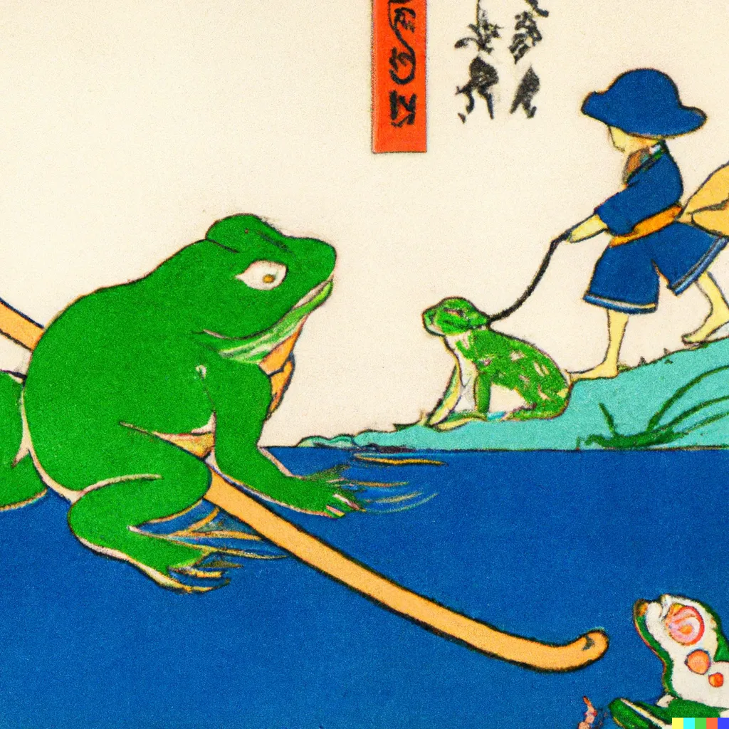 DALL-E 2 artwork for Frog 84, using the translation by Bernard Lionel Einbond. The child in blue taking a frog-dog (drog? Fruppy?) looks an awful lot like "Madeline", by Ludwig Bemelmans.