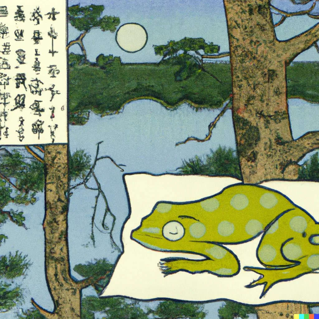 DALL-E 2 artwork for Frog 85, using the translation by Bernard Lionel Einbond. We are permitted a peek into a sleeping frog's inner world as it dreams of flying through the pine trees in the moonlit night.