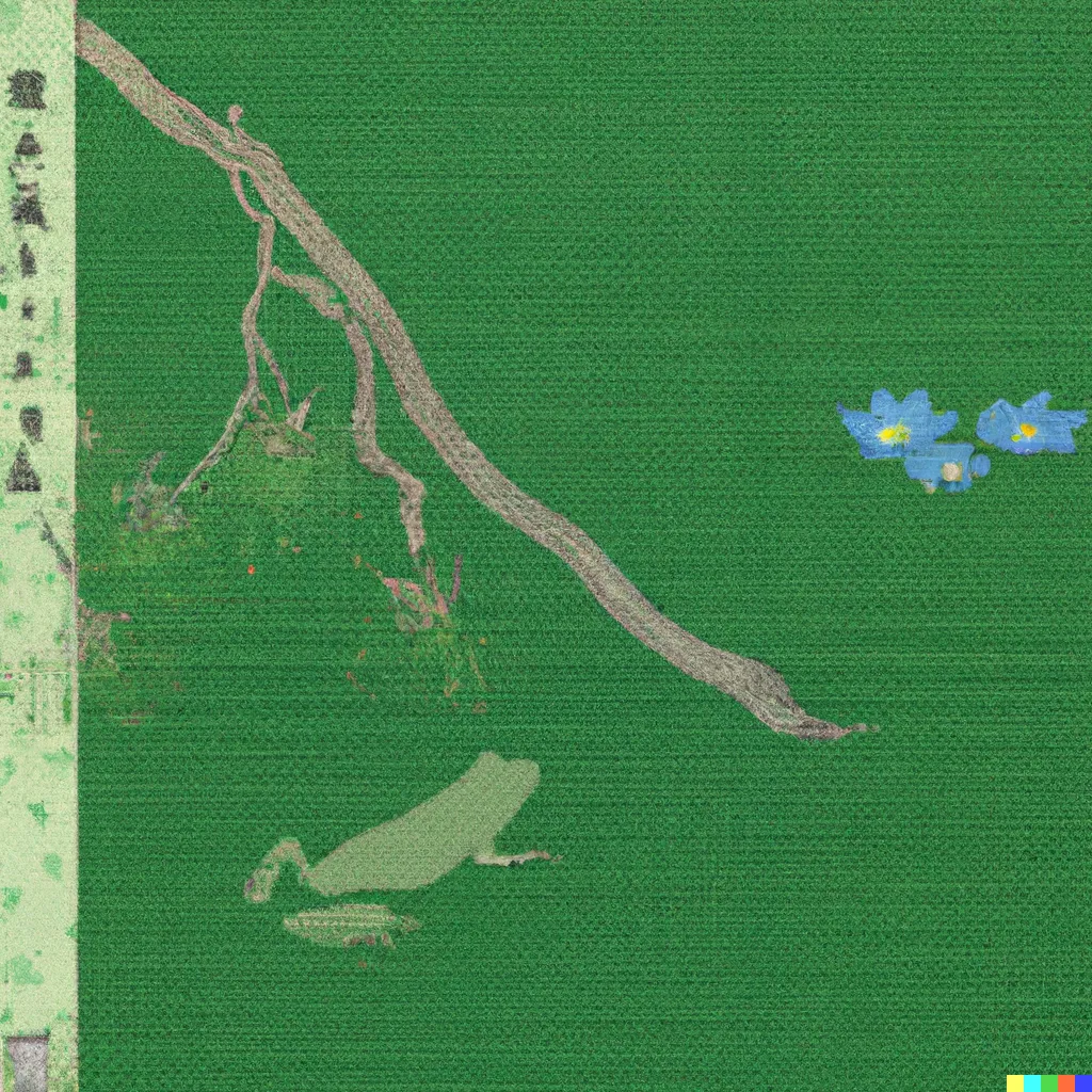 DALL-E 2 artwork for Frog 86, using the translation by Ross Figgins. This print appears to be incomplete, and painted over with a brush and acrylic paint.