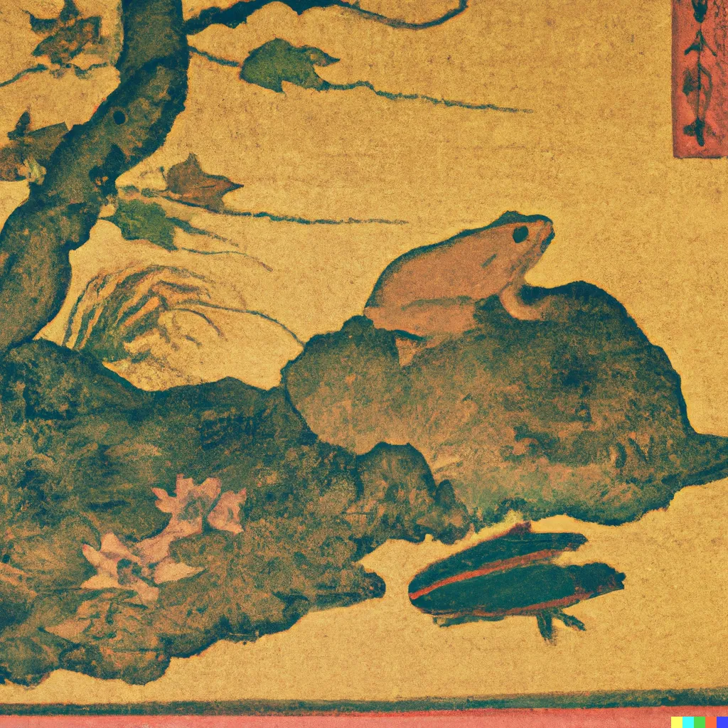DALL-E 2 artwork for Frog 87, using the translation by Bernard Lionel Einbond. Autumn leaves fall onto the rocks like so many flowers blooming out of a muddy pool.